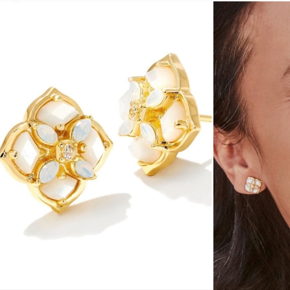 Kendra Scott Dira Stone Gold Stud Earrings, Mother of Pearl Ivory Mix Opal